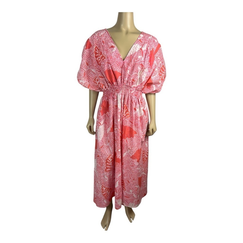 Fragonard Parfumeur One Size Caftan Tropical Print Maxi Dress Coral Smock Waist